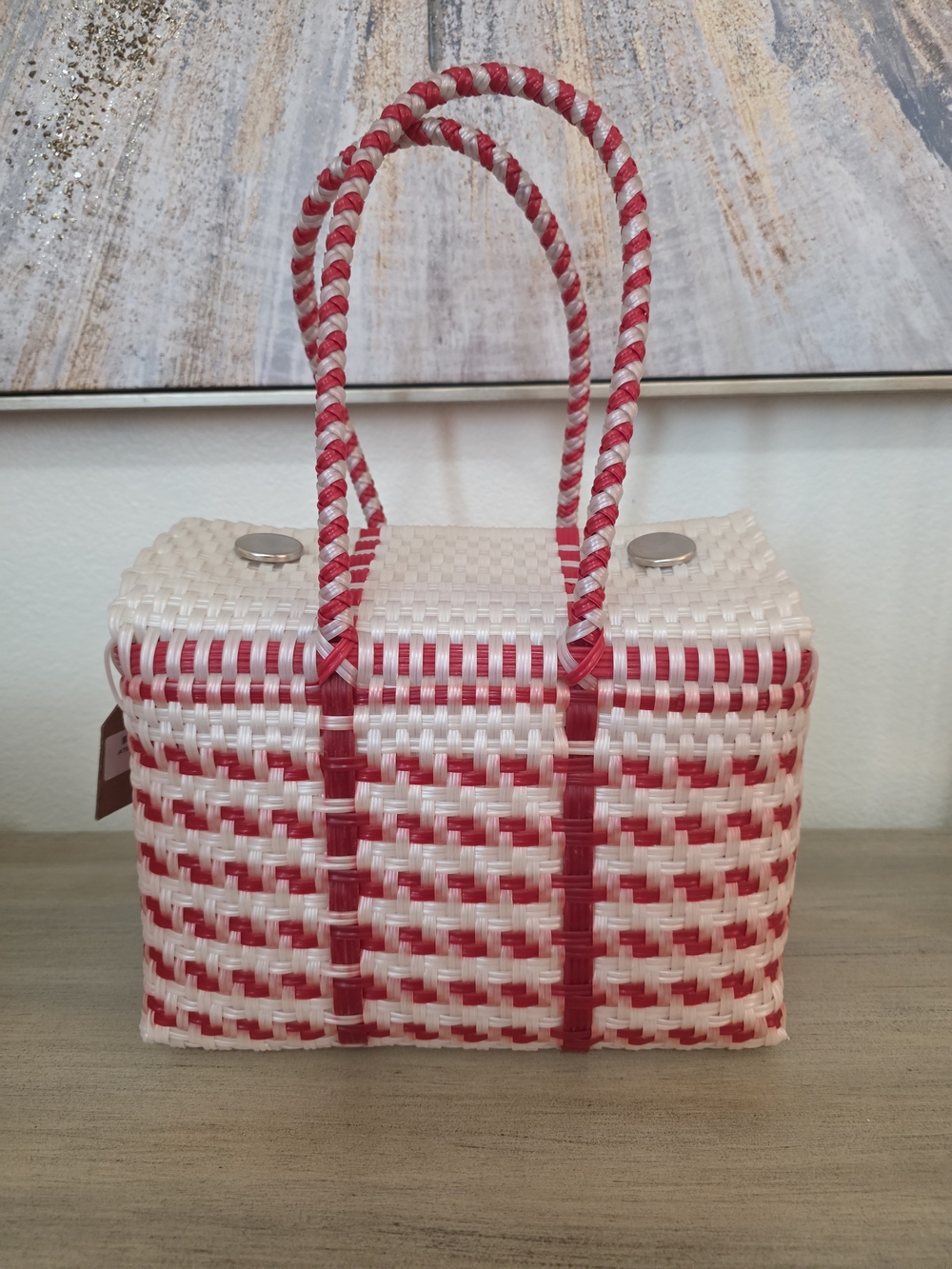 Red & White Woven Tote Bag with Braided Handles Rare Hard To Find - Picture 5 of 9